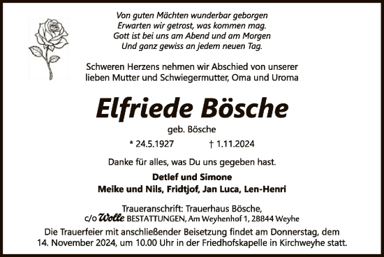 Traueranzeige von Elfriede Bösche von SYK