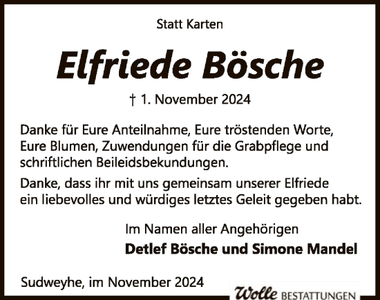 Traueranzeige von Elfriede Bösche von SYK