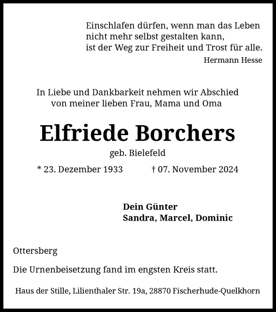 Traueranzeige von Elfriede Borchers von SYK