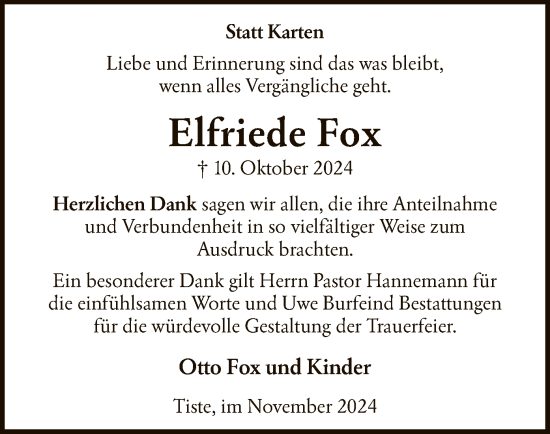 Traueranzeige von Elfriede Fox von SYK