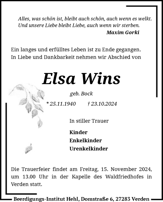 Traueranzeige von Elsa Wins von SYK