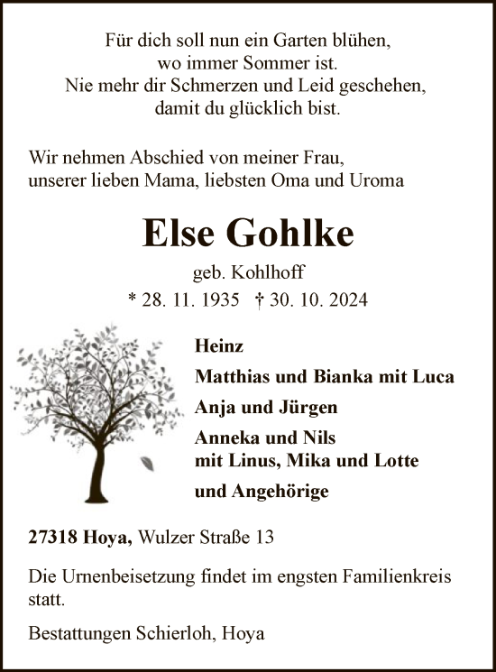 Traueranzeige von Else Gohlke von SYK