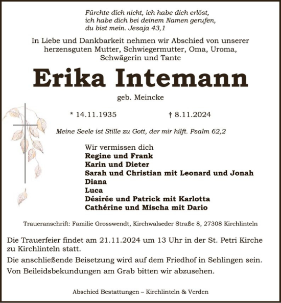 Traueranzeige von Erika Intemann von SYK