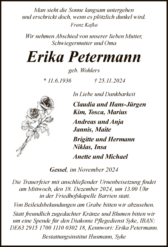 Traueranzeige von Erika Petermann von SYK