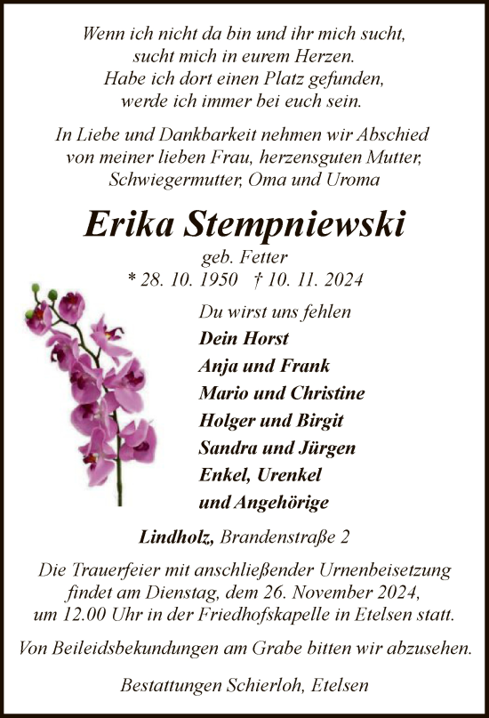 Traueranzeige von Erika Stempniewski von SYK