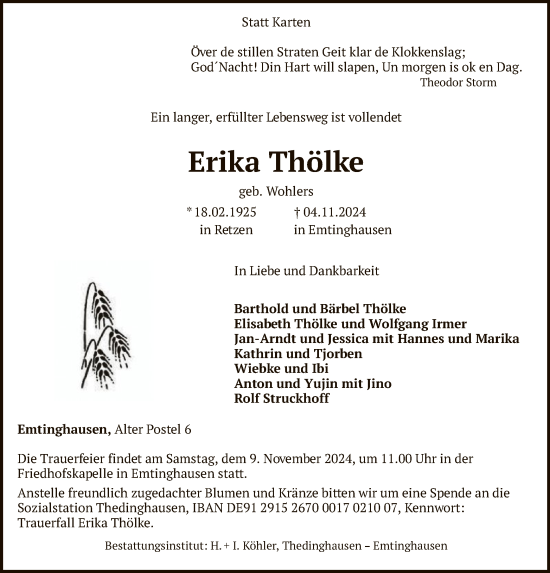 Traueranzeige von Erika Thölke von SYKSYK