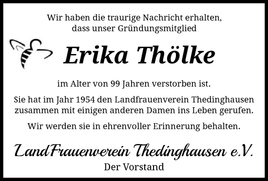 Traueranzeige von Erika Thölke von SYK