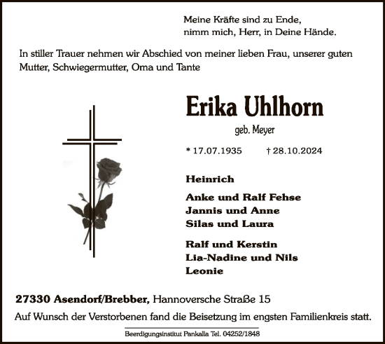 Traueranzeige von Erika Uhlhorn von SYK