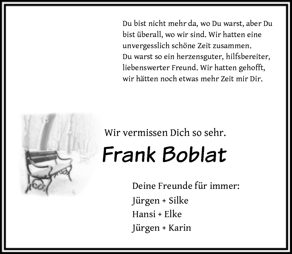  Traueranzeige für Frank Boblat vom 30.11.2024 aus SYK