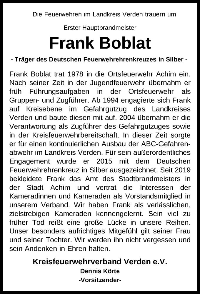  Traueranzeige für Frank Boblat vom 30.11.2024 aus SYK