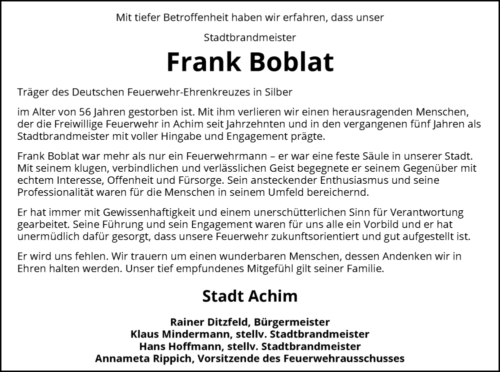  Traueranzeige für Frank Boblat vom 30.11.2024 aus SYK