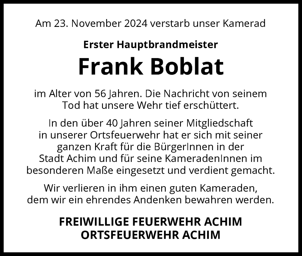  Traueranzeige für Frank Boblat vom 30.11.2024 aus SYK