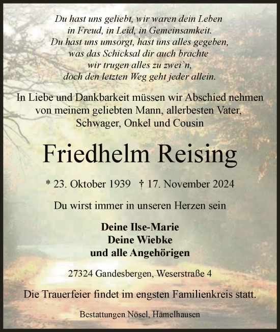 Traueranzeige von Friedhelm Reising von SYK