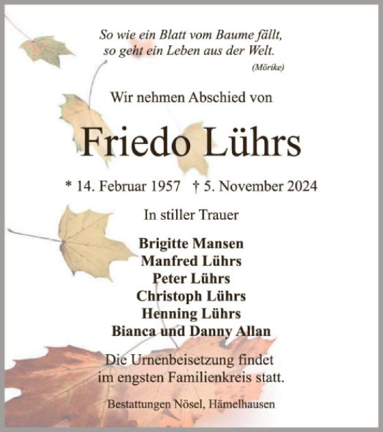 Traueranzeige von Friedo Lührs von SYK