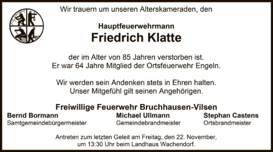 Traueranzeige von Friedrich Klatte von SYK