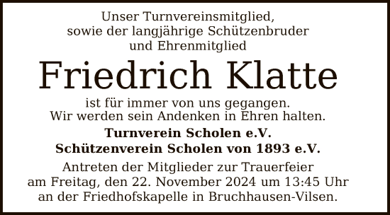 Traueranzeige von Friedrich Klatte von SYK