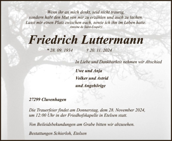 Traueranzeige von Friedrich Luttermann von SYK