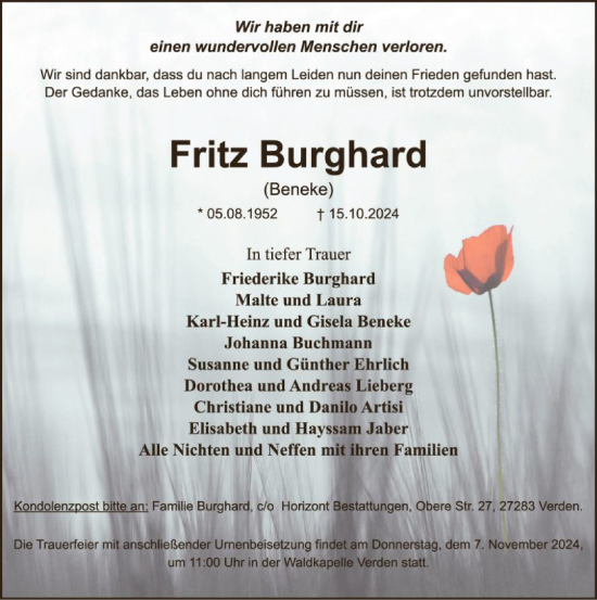 Traueranzeige von Fritz Burghard von SYK