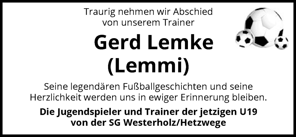  Traueranzeige für Gerd Lemke vom 29.11.2024 aus SYK