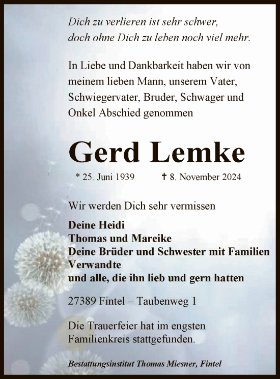 Traueranzeige von Gerd Lemke von SYK