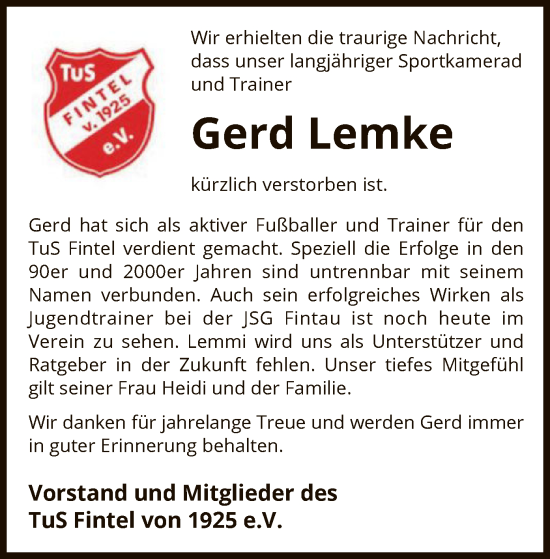 Traueranzeige von Gerd Lemke von SYK