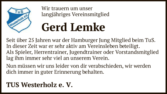 Traueranzeige von Gerd Lemke von SYK