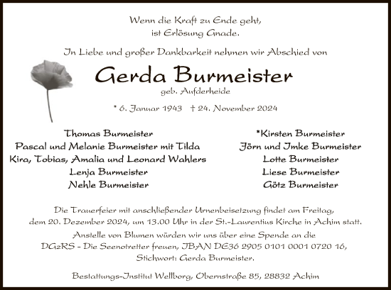 Traueranzeige von Gerda Burmeister von SYK