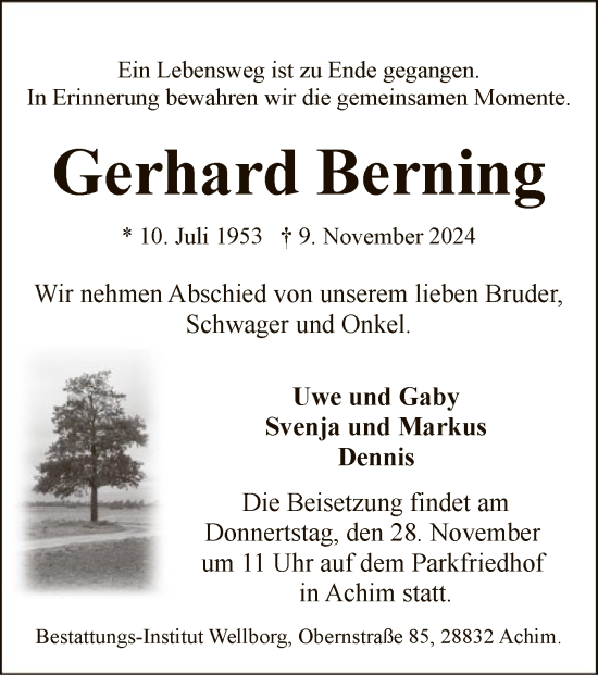 Traueranzeige von Gerhard Berning von SYK