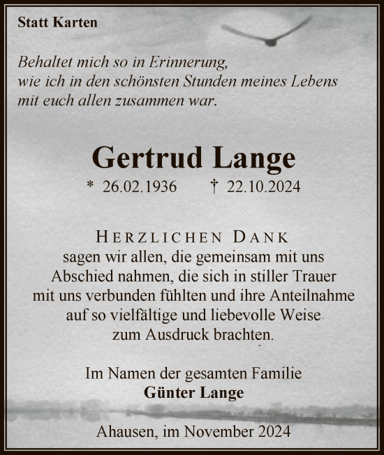 Traueranzeige von Gertrud Lange von SYK