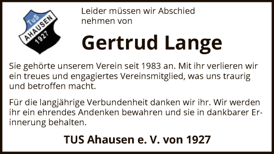 Traueranzeige von Gertrud Lange von SYK