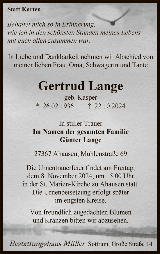 Traueranzeige von Gertrud Lange von SYK