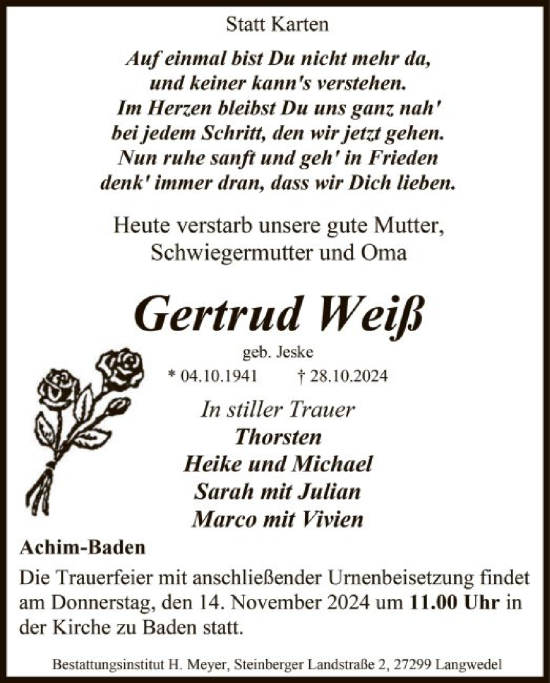 Traueranzeige von Gertrud Weiß von SYK