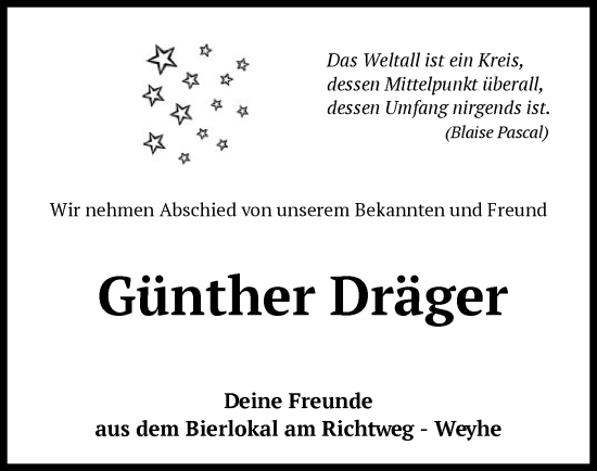 Traueranzeige von Günther Dräger von SYK