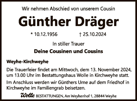 Traueranzeige von Günther Dräger von SYK