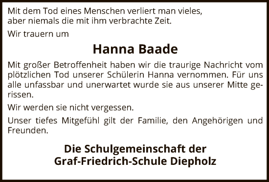 Traueranzeige von Hanna Baade von SYK