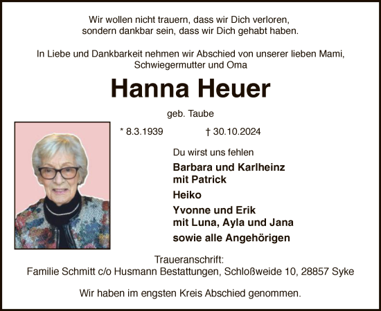 Traueranzeige von Hanna Heuer von SYK