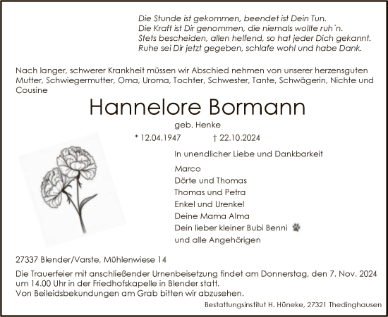 Traueranzeige von Hannelore Bormann von SYKSYK