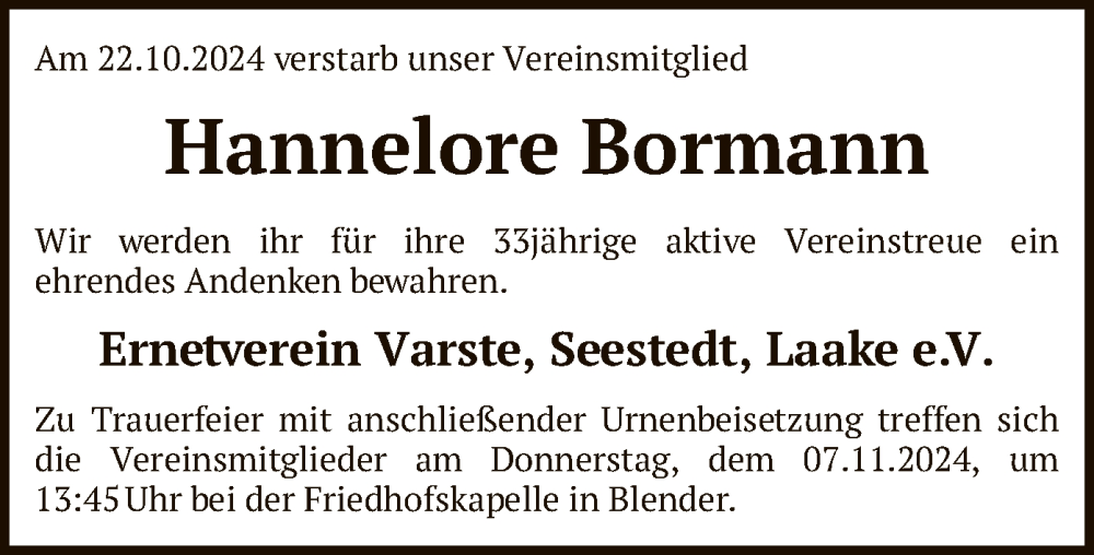  Traueranzeige für Hannelore Bormann vom 04.11.2024 aus SYK