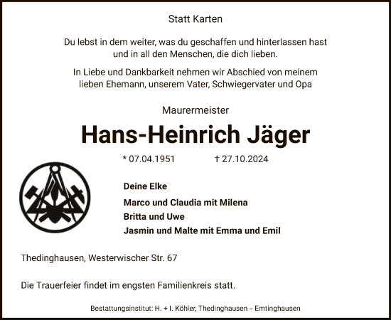 Traueranzeige von Hans-Heinrich Jäger von SYK