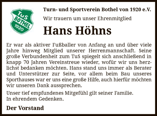 Traueranzeige von Hans Höhns von SYK