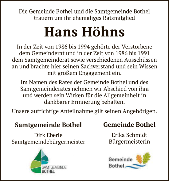 Traueranzeige von Hans Höhns von SYK