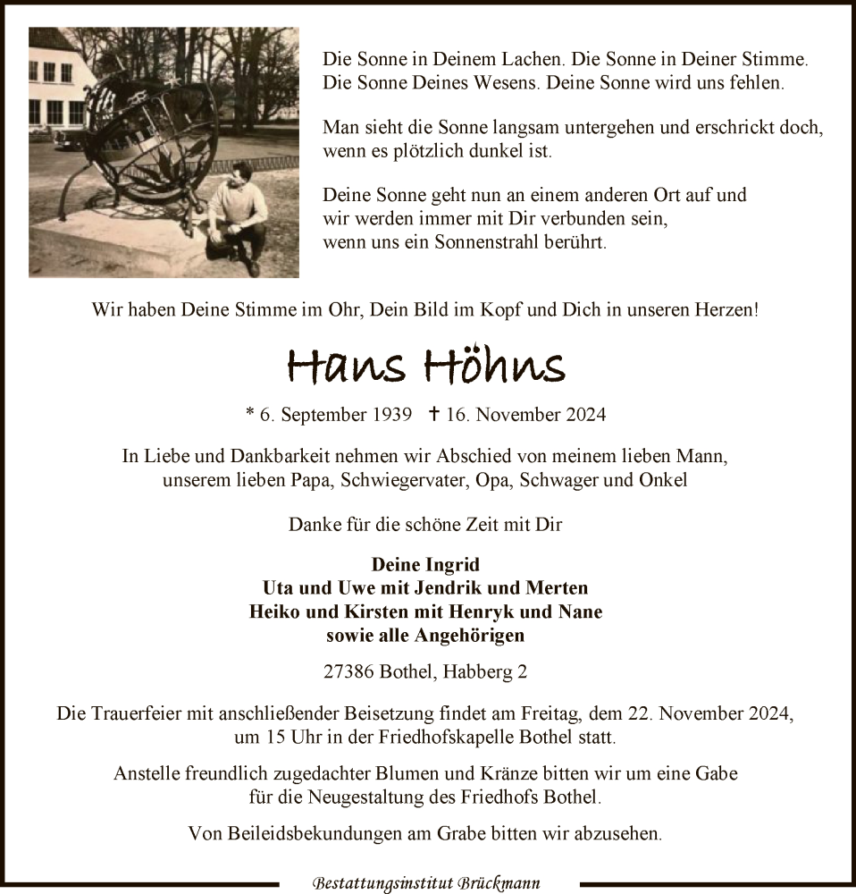  Traueranzeige für Hans Höhns vom 19.11.2024 aus SYK