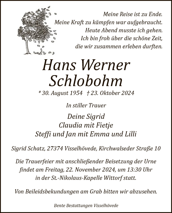 Traueranzeige von Hans Werner Schlobohm von SYK