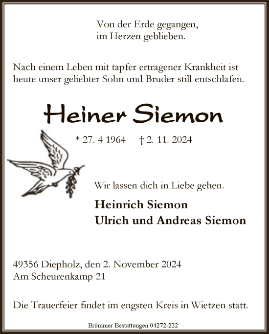 Traueranzeige von Heiner Siemon von SYK