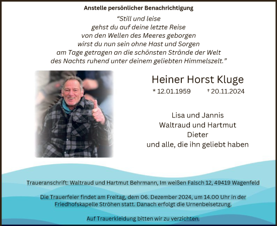 Traueranzeige von Heiner Horst Kluge von SYK