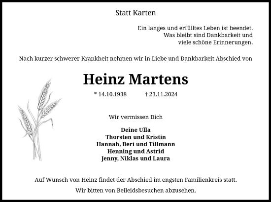 Traueranzeige von Heinz Martens von SYK