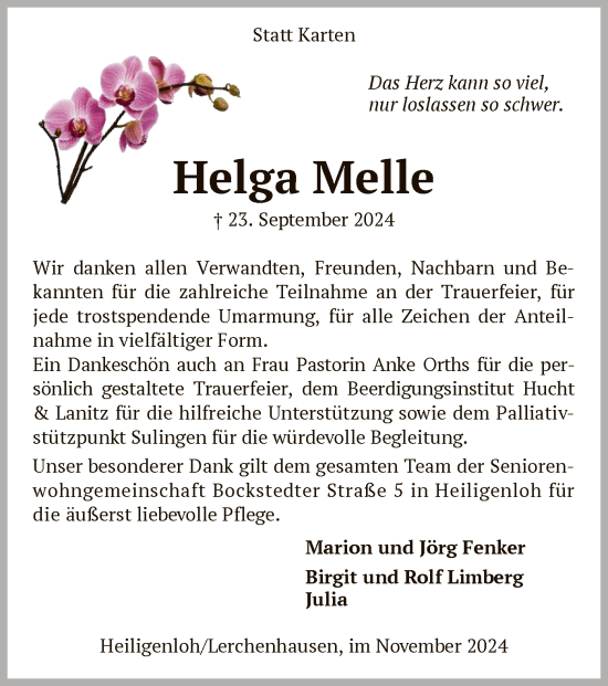 Traueranzeige von Helga Melle von SYK