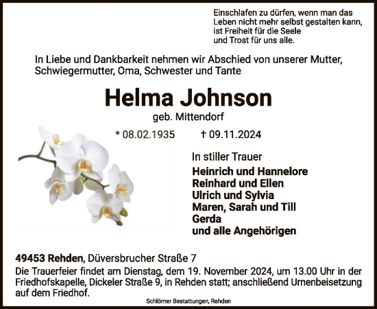 Traueranzeige von Helma Johnson von SYK