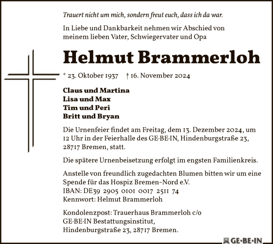 Traueranzeige von Helmut Brammerloh von SYK