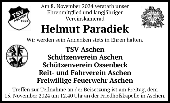 Traueranzeige von Helmut Paradiek von SYK